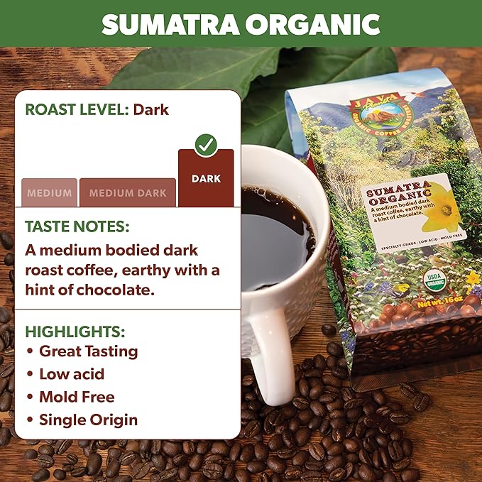 Low Acid Organic Coffee – Whole Bean, Mold-Free & Stomach Friendly by Java Planet, Sumatran Single Origin Coffee, Dark Roast, Smooth Full Flavored, 1LB Bag