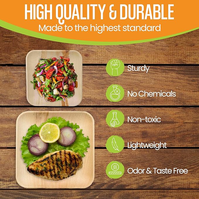 Raj Palm Leaf Plates Bulk [50-Pack] 10" & 7" Square Plates (2 CASES - 100 PACK) like Bamboo plates Disposable, Strong, Decorative Compostable Tableware for weddings, Lunch, Dinner