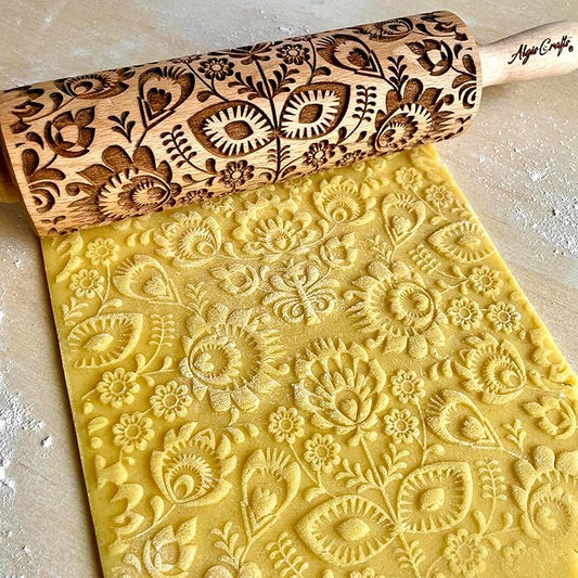 Rolling pin FOLK. Wooden embossing rolling pin with Oriental flowers. Embossed cookies. Pottery. Birthday gift. Gift for mother