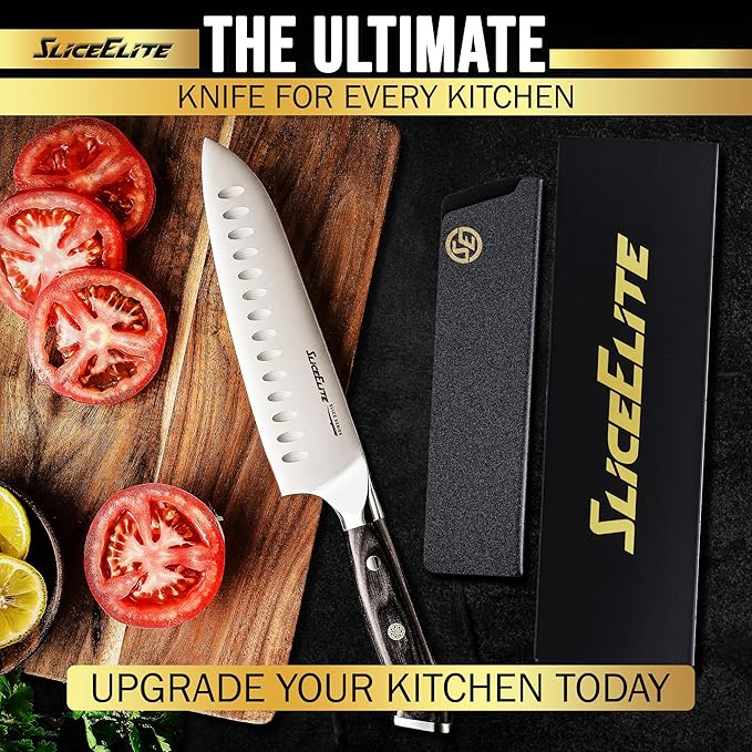 SliceElite Slice Series Santoku Knife 7 Inch High Carbon German Steel Blade Pakkawood Handle Dual Sheaths Kitchen Knife for Meat Cutting Chopping Chefs Cooking Tool Sharp Vegetable BBQ Knife Gift
