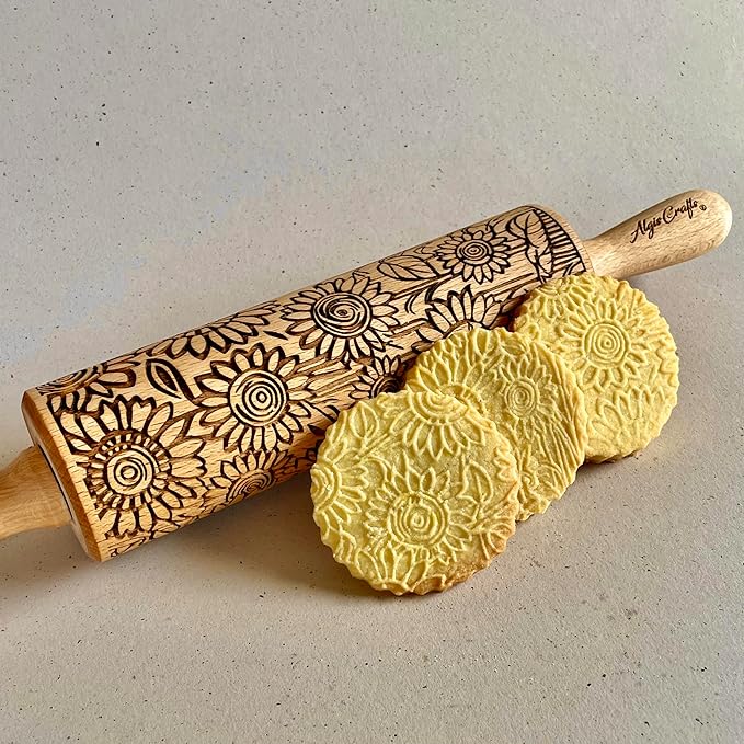 SUNFLOWER FIELD Embossed Rolling Pin for Ceramic. Clay Roller and Ceramic Stamp for Embossing Pottery. Baking Gifts for Women by Algis Crafts for Embossed Cookies