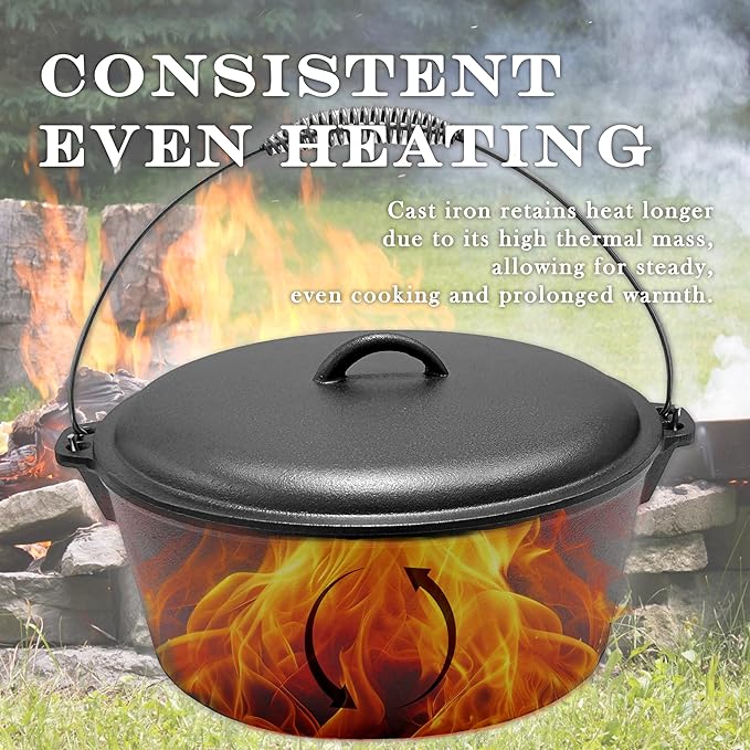 Cuisiland 12 Quart Cast Iron Dutch Oven with Dome Lid & Bail Handle – Pre-Seasoned Large Campfire Pot for Outdoor Cooking, Roasting, Baking & Stews – Heavy-Duty Cookware with Even Heat Distribution