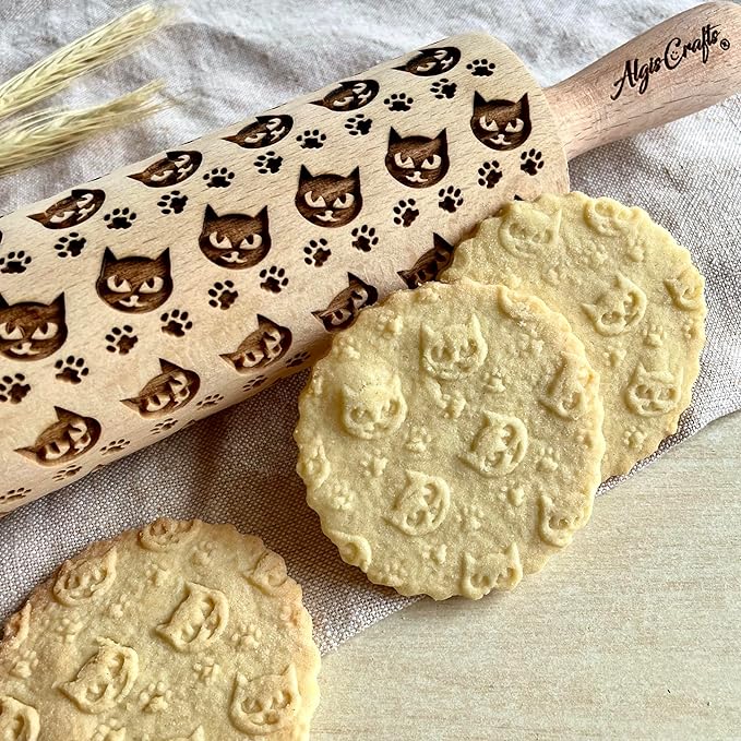 PUSSY CAT EMBOSSING ROLLING PIN ENGRAVED with CAT PAW for EMBOSSED COOKIES or PASTA KITTY CATS