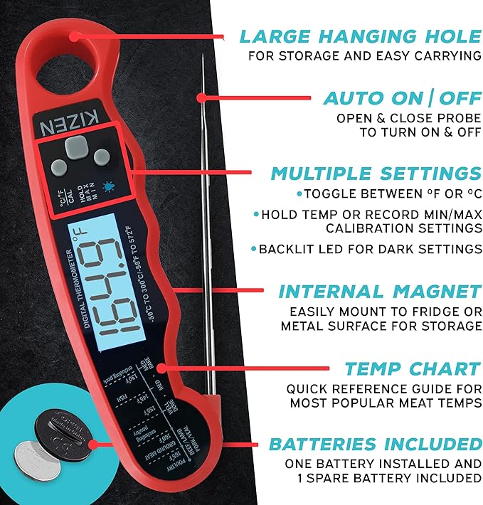KIZEN Instant Read Meat Thermometer Digital - Food Thermometer for Cooking, Grill, Oven, BBQ - IP67 Rated Waterproof - Large Backlit Display and Magnetic Back