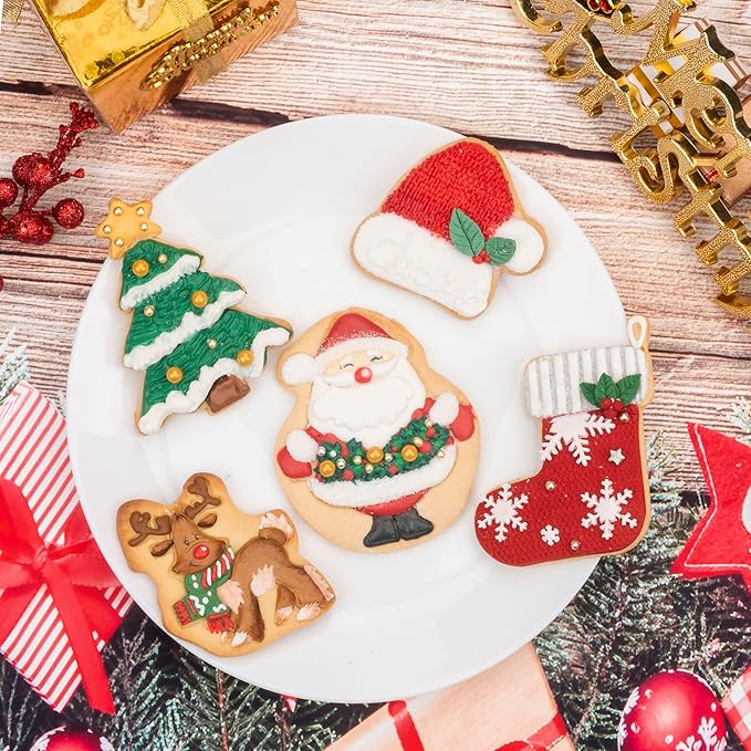 Flycalf Christmas Cookie Cutters with Plunger Stamps Christmas Hat Shapes Fall Holiday PLA Baking Accessories Cutter Molds Gifts for Kids Decorative Party 3.5" Kitchen Cake Supplies