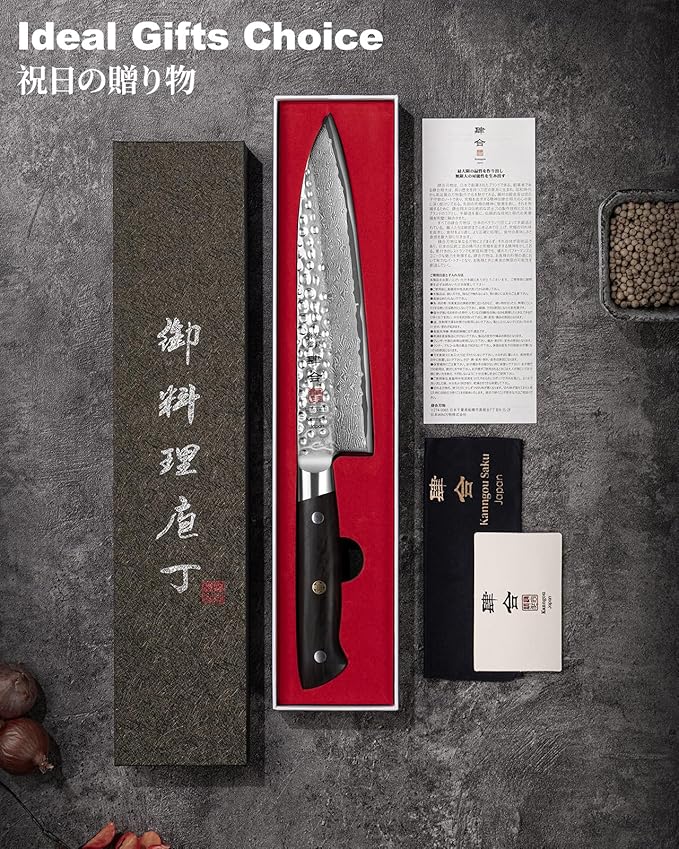 Japanese Chef Knife Kitchen Knife with 67 Layers Damascus Steel AUS-10 Core, Professional Damascus Knife with Full-Tang Ebony Wood Handle and Premium Gift Box(8.27 Inch Gyuto Chef Knife)
