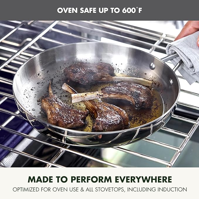 GreenPan Valencia Tri-Ply Stainless Steel 10" Frying Pan, Induction Ready Skillet, Mirror Finish, Dishwasher Safe & Oven/Broiler Safe to 600F, Compatible with All Cooktops, Silver