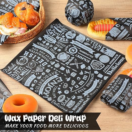 Outus 1000 Pcs 12 x 12 Inch Deli Wax Paper Sheets Grease Resistant Tray Basket Liners Newsprint Paper Water and Grease Proof Sandwich Wrapping Square Hot Dog Wrappers for Food Baking (Black)