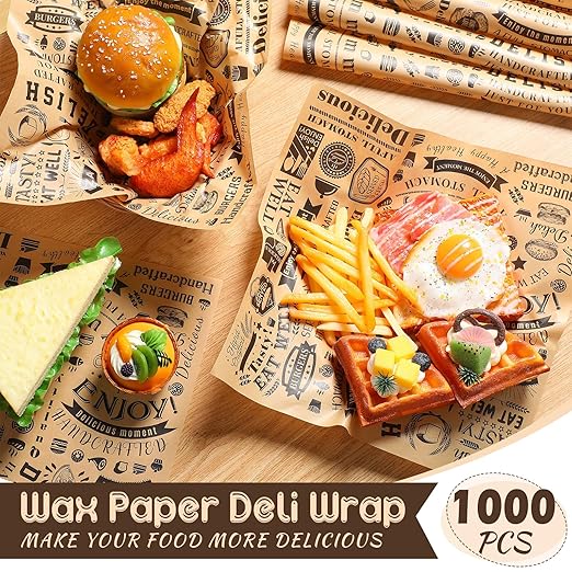 1000 Pcs 12 x 12 Inch Deli Wax Paper Sheets Grease Resistant Tray Basket Liners Newsprint Paper Water and Grease Proof Sandwich Wrapping Square Hot Dog Wrappers for Food Baking (Brown)