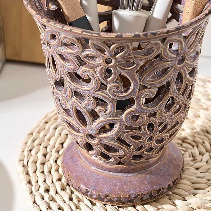 Utensil Holder for Kitchen Counter, Modern Farmhouse Cooking Utensil Holder and Crock Home Kitchen Decor, Ceramic Utensil Organizer for Spatula, Ladle, Eggbeater, Rolling Pin- Kiln-Transformed Purple