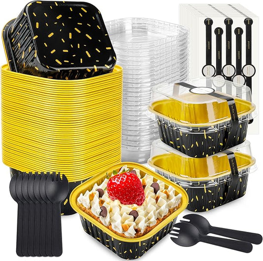 50 Pack Mini Cake Pans with Lids and Spoons Aluminum Foil Pans Square Cake Tins for Bakery Party Wedding (Black Gold Spot,5 oz)
