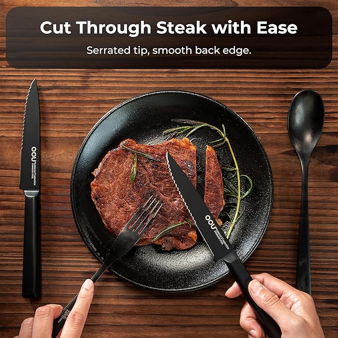 OOU Steak Knives Set of 6, 4.5" German High Carbon Stainless Steel Steak Knife Set, Serrated Steak Knives, Dishwasher Safe & Rust-Resistant Kitchen Knife Sets