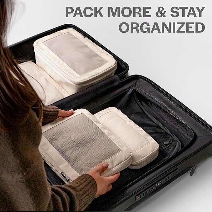 Aerotrunk Compression Packing Cubes for Travel - Luggage Organizer Bags - Double Zipper Packing Cubes for Suitcases (6-Pack, Beige)