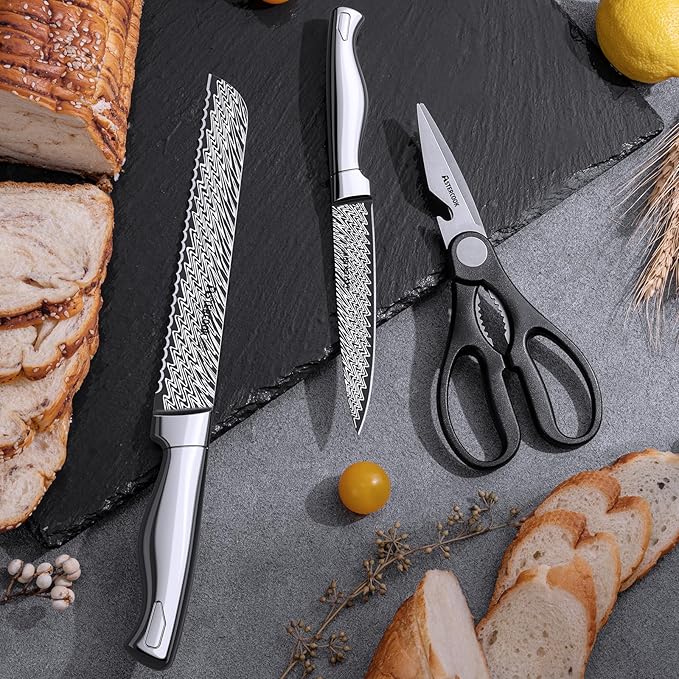 Knife Set, Astercook 21 Pieces Kitchen Knife Set with Built-in Sharpener, German Stainless Steel Knife Block Set, Razor-Sharp Knives with Full-tang Handle, Dishwasher Safe, Silver