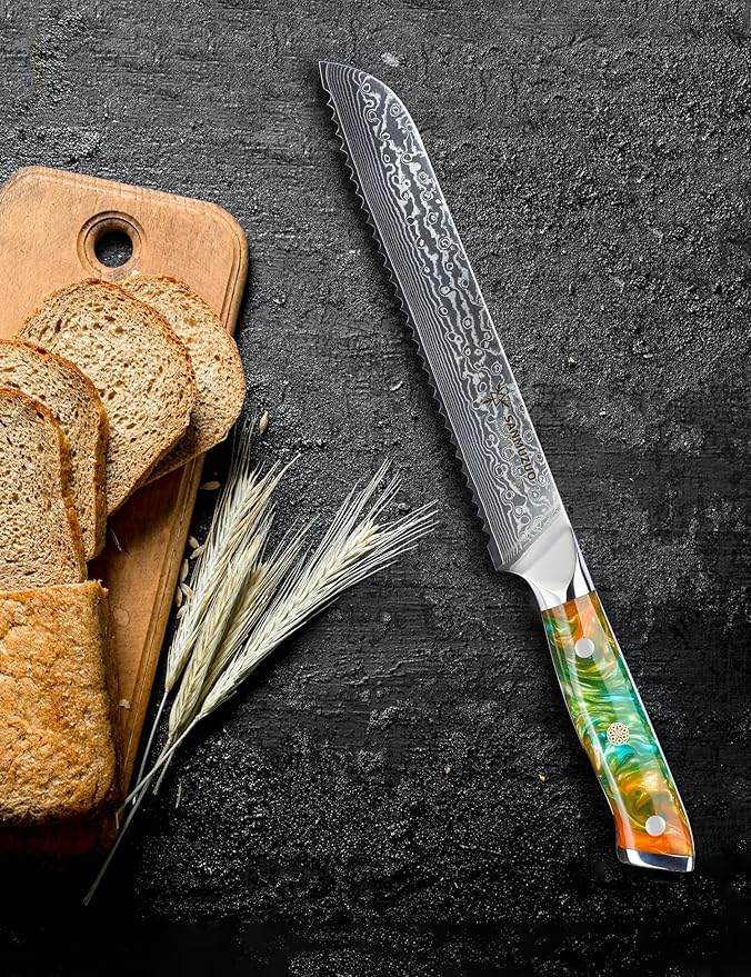 8” Bread Knife Serrated Kitchen Chef Knife - Damascus Steel & Resin Handle - Xuan Series(Fantasy Orange)