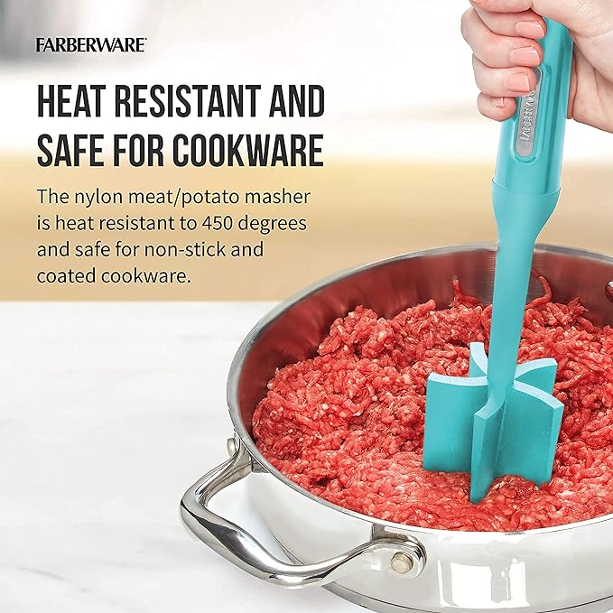 Farberware Heat Resistant Nylon Meat and Potato Masher, Safe for Non-Stick Cookware, Aqua Sky