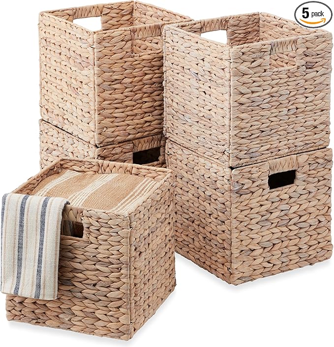 Best Choice Products 13x13in Pack of 5 Cube Storage Baskets, Water Hyacinth Multipurpose Collapsible Organizers, Handwoven Laundry Totes for Laundry, Living Room, Kids Room & Nursery - White
