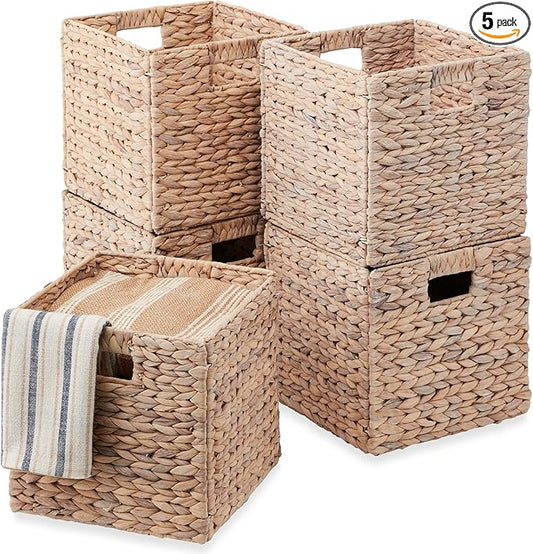 Best Choice Products 13x13in Pack of 5 Cube Storage Baskets, Water Hyacinth Multipurpose Collapsible Organizers, Handwoven Laundry Totes for Laundry, Living Room, Kids Room & Nursery - White