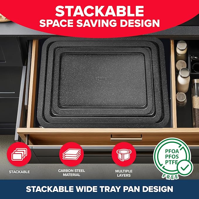 BAKKEN 3-Piece Kitchen Baking Pans - Small, Medium, and Large Cookie Pan, With Nonstick Coating, Stackable and Space-saving Design, PFOA, PFOS, PTFE Free, Oven Safe Tray (Up To 450°F), Gray Marble
