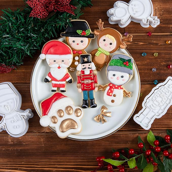 Flycalf Christmas Cookie Cutters Nutcracker Shapes with 3D Stamper Fall Holiday PLA Baking Accessories Cutter Molds Gifts for Kids Decorative Party 3.5" Kitchen Cake Supplies