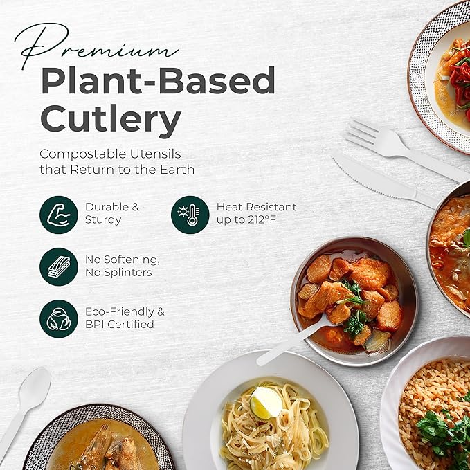 100% Compostable Forks 150 Large biodegradable forks Disposable Compostable Cutlery Silverware Utensils durable and heat resistant alternative to plastic forks with convenient tray by KOALALOVE