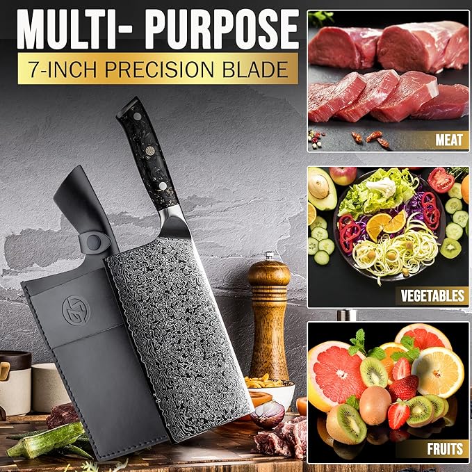 SliceElite Elite Series 7 Inch Meat Cleaver Knife Damascus VG10 Core Forged Carbon Fiber Handle Heavy Duty Chopper Sharp Kitchen Butcher Bone Cutter Vegetable Fruit Chef Tool Dual Protection Gift