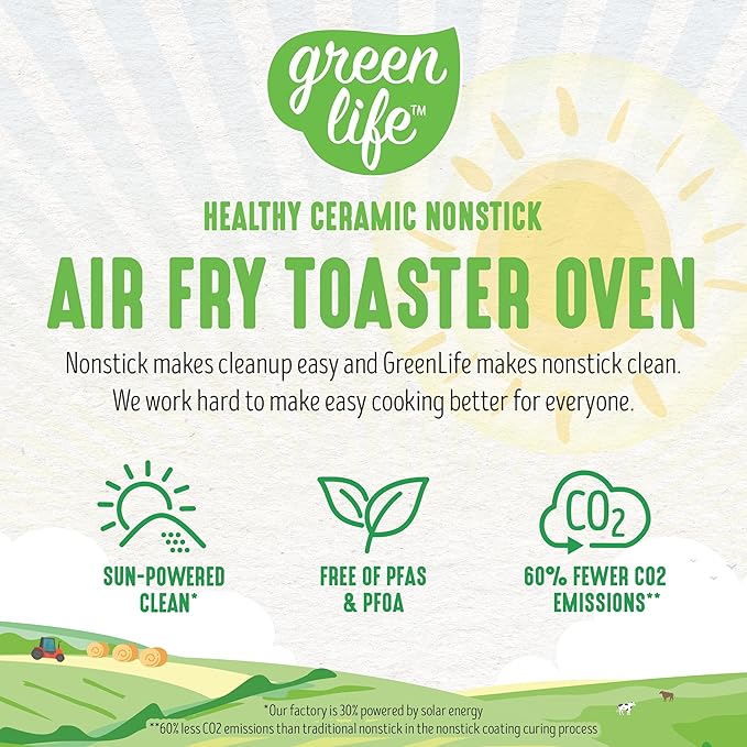GreenLife Countertop Toaster Oven Air Fryer Stainless Steel, Healthy Ceramic Nonstick, PFAS Free, Tray & Basket, Bake, Broil, Reheat, Adjustable Temp & Time Control, Auto Shutoff, Black
