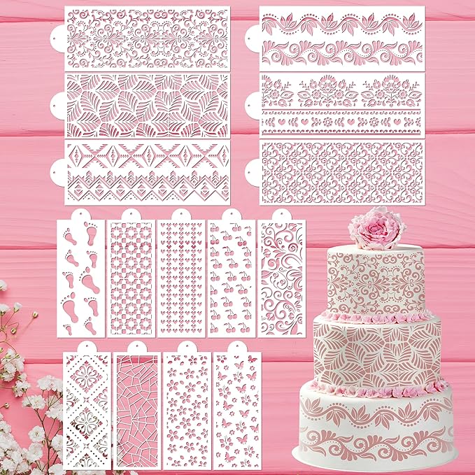 Cake Buttercream Decorating Stencils - 15 Pcs Reusable Cake Stencils Floral Boarder, Cookies Royal Icing Stencils Biscuits Decorating Template Cake Baking Stencils