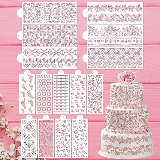 Cake Buttercream Decorating Stencils - 15 Pcs Reusable Cake Stencils Floral Boarder, Cookies Royal Icing Stencils Biscuits Decorating Template Cake Baking Stencils