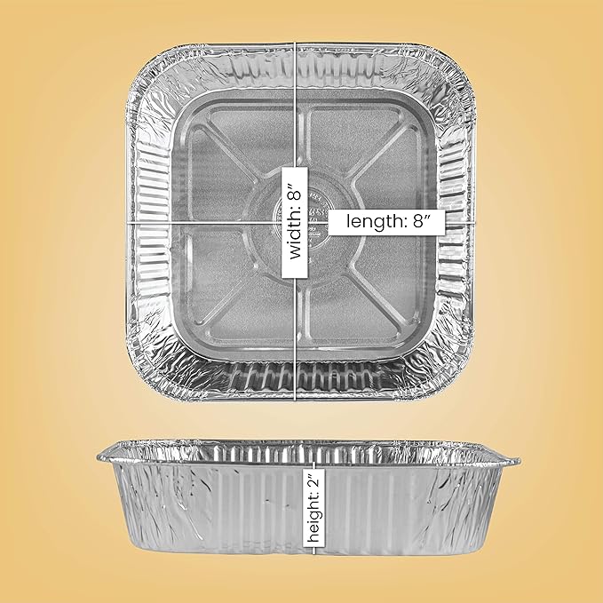 PLASTICPRO Disposable 8'' X 8'' X 2'' Inch Square Aluminum Tin Foil Baking Pans Bakeware - Cookware Perfect for Baking Cakes, Breads, Brownies, Bread, Meatloaf, Lasagna, Pack of 10