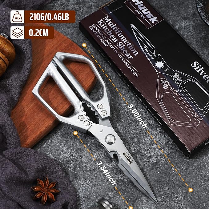 HUUSK Kitchen Scissors All Purpose - Stainless Steel Kitchen Shear, Sharp Silver Meat Scissors Dishwasher Safe, Heavy Duty Poultry Shears, Japanese Cooking Scissor for Food, Christmas Gifts for Women
