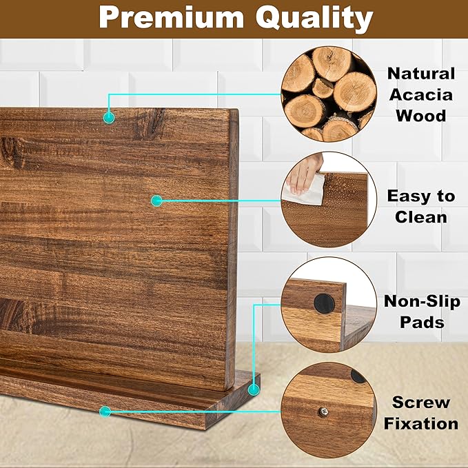 Magnetic Knife Holder,Double Sided Magnetic Knife Block for Kitchen Counter,Acacia Wood Strong Magnet Knife strip