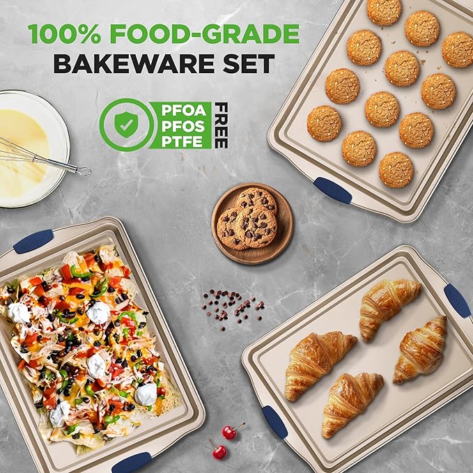 NutriChef 3‑Piece Non‑Toxic Cookie Sheets for Baking – Premium Carbon Steel Oven Tray Set with Blue Silicone Handles – Nonstick Baking Sheet Set for Cookies, Pastries & Oven‑Safe Cooking