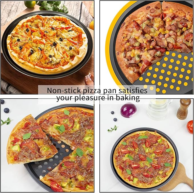 9.6 inch Pizza Pan With Holes, Carbon Steel Perforated Non-Stick Bakeware for Home Kitchen Oven, 2 Pack