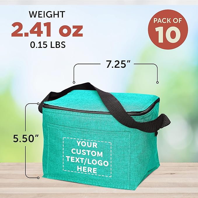 Custom Insulated Cooler Lunch Bag Set of 10, Personalized Bulk Pack - Perfect for Work, Travel, Outdoor Events - Mint