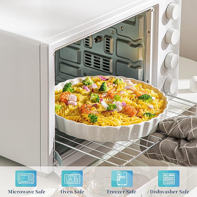 LOVECASA Porcelain Pie Pan Quiche Baking Dish,10 Inch Non-Stick Round Pie Dish Quiche Pan,Tart Pan with Ruffled Edge,Pie Plate for Apple, Quiche, Pot Pies, Tart,Set of 2, White