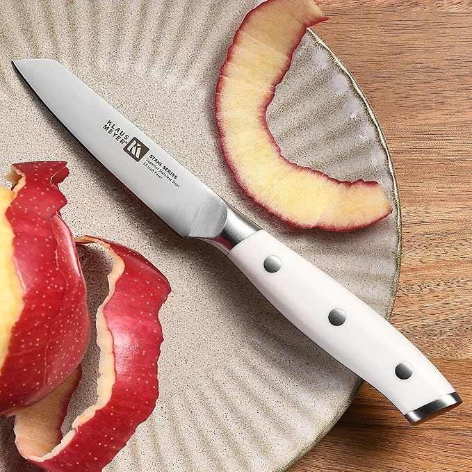 Klaus Meyer Stahl 3.5 inch Paring Knife High Carbon Exclusive German Steel Fruit Knife, Small Kitchen Knife with Ergonomic Handle (White)