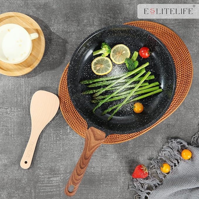 ESLITE LIFE Nonstick Ceramic Frying Pan Skillet with Lid, Non-Toxic Egg Omelette Kitchen Cooking Pans Compatible with All Stovetops (Gas, Electric & Induction), PTFE & PFOA Free (Black, 8" w/Lid)