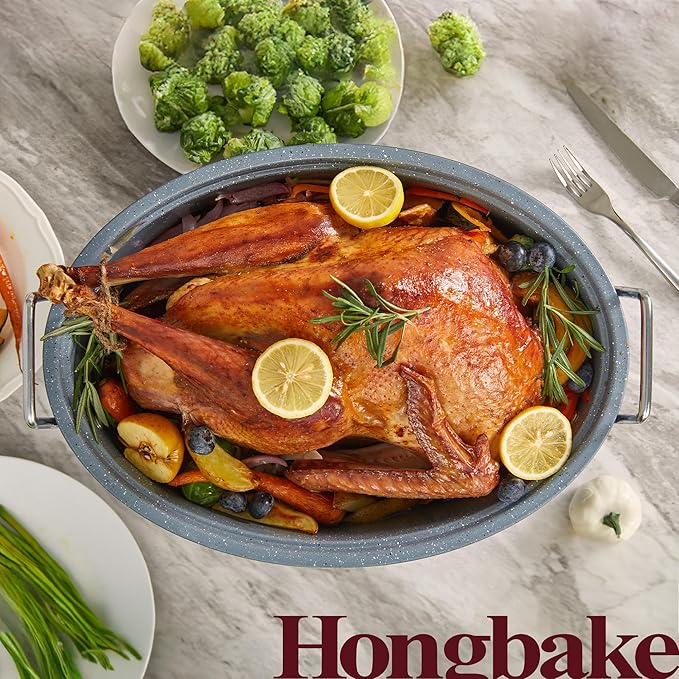 HONGBAKE 18 Inch Turkey Roasting Pan with Rack and Lid – Large Gray Carbon Steel Roaster Pan for 20 lb Turkey, Oven Safe Baking Pan for Holiday Meals & Thanksgiving