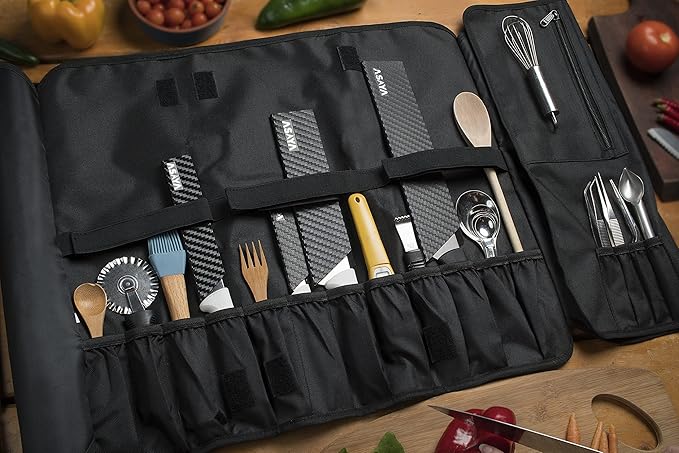 Asaya Chef Knife Roll Bag - 20 Total Pockets for Knives and Kitchen Utensils - Made with Stain Resistant Waxed Nylon - For Chefs and Culinary Students - Knives Not Included (Purple)