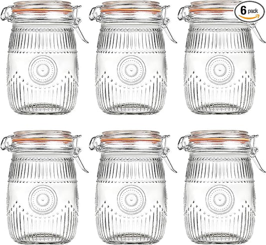 Amzcku Wide Mouth Vintage Mason Jars with Airtight Lid 32oz, Canister Quart Jars for Kitchen Storage - for Coffee, Sugar, Beans 6 Pack