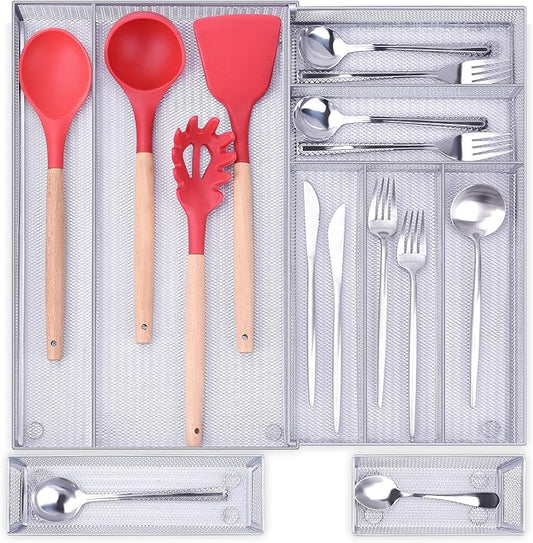 WuGeShop Expandable Silverware Drawer Organizer, Metal Mesh Large Kitchen Flatware Cutlery Tray, Adjustable Kitchen Drawer Organizer for Large Utensils (7+2 Compartment, Silver)