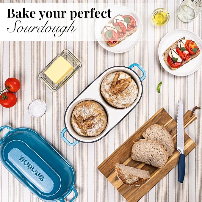 nuovva Dutch Oven For Sourdough Bread Baking – Enamelled Cast Iron Bread Loaf Pot – 500°F Oven Safe Non Stick Bread Pot – Double Round Loaf Space, 16.5cm Diameter, Light Blue