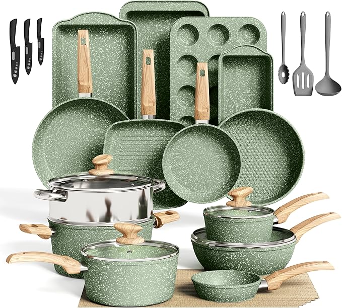30 Piece Pots and Pans Set Non Stick, Granite Induction Cookware Sets, Nonstick Kitchen Cookware Sets, Non Toxic Cookware Set with Frying Pans and Saucepan, Kitchen Pots and Pans Set, Black
