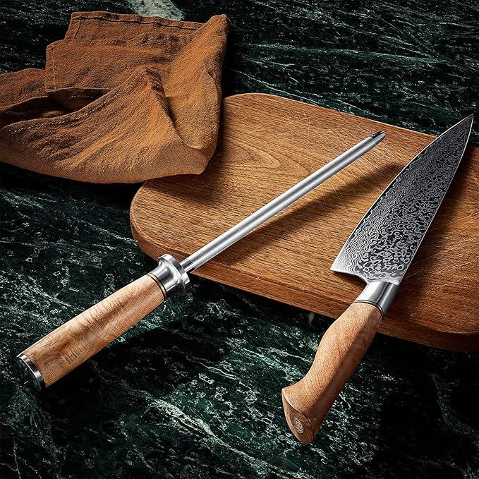 SENKEN Professional Emery Knife Sharpening Steel - Incredibly Strong Emery Rod for Sharpening & Honing Knives Up to 63 HRC Including All Damascus Knives (Natural Sycamore Wood)