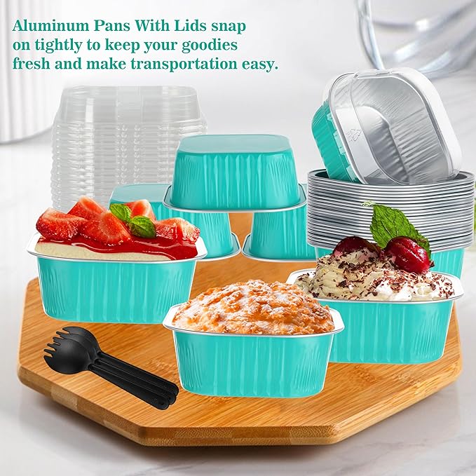 30PC 10oz Square Cake Pans with Aluminum Foil Lids for Baking & Party, Blue