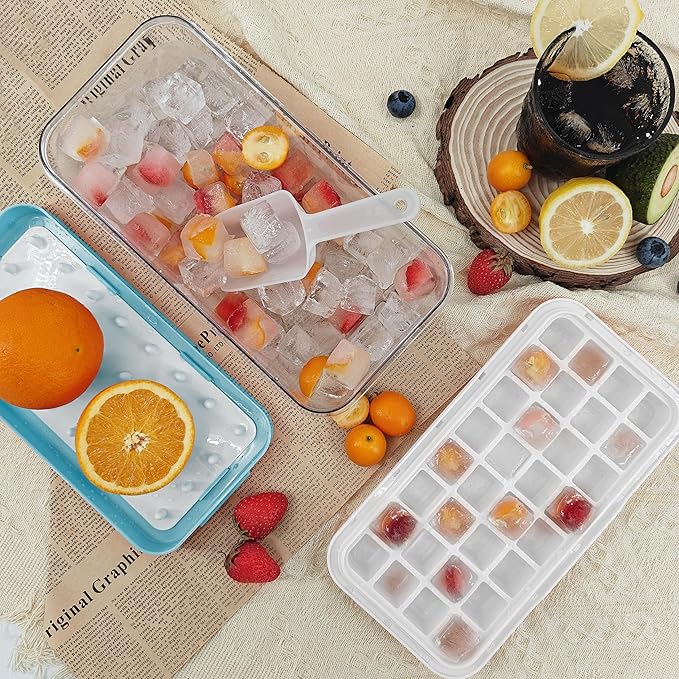 Satax Silicone & Plastic Ice Cube Trays with Lids and Bin - Durable, BPA-Free, Easy Release, Perfect for Cocktails, Coffee & More (1, blue)