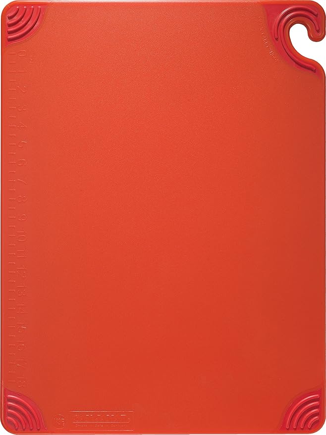 San Jamar Saf-T-Grip Plastic Cutting Board with Safety Hook, 18" x 24" x 0.5", Red