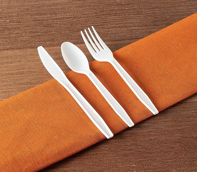 Party Bargains White Plastic Cutlery 360 pcs: 180 Forks, 120 Spoons, 60 Knives. Argyle Design, Heavy Duty & Solid Disposable Silverware Utensils Combo Pack Set for Weddings, Buffets, Luncheons