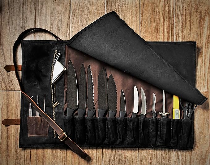 Asaya Waxed Canvas Knife Roll - 15 Knife Slots, Card Holder and Large Zippered Pocket - Genuine Leather, Cloth and Brass Buckles - for Chefs and Culinary Students - Knives Not Included